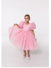 Puff Sleeves Organza Flower Girl Dress With Beaded Sash